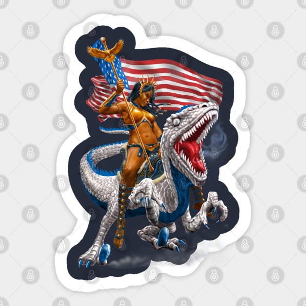 Liberty Patriotic Velociraptor Warrior Sticker by AyotaIllustration